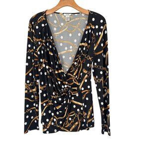 Cache Womens top size XL faux Wrap Blouse equestrian print knit black